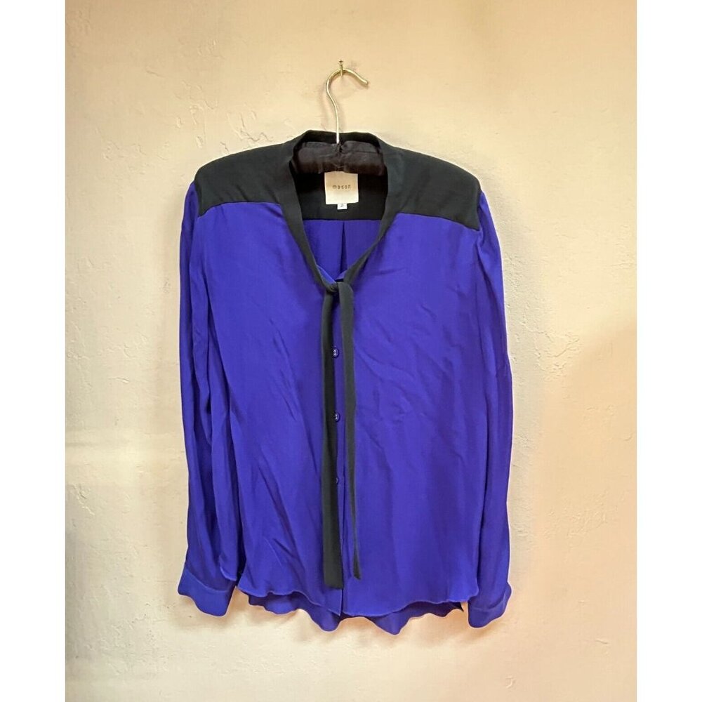 Mason Women's 100% Silk Blouse Tie Neck Button Front Shirt Top Size 2 Blue Black